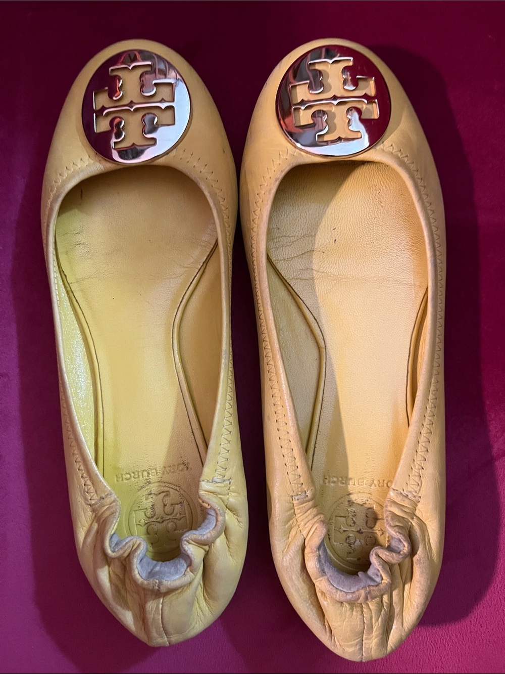 Tory Burch Yellow Leather Logo Ballet Flats